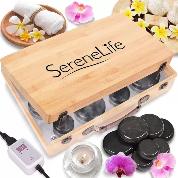 Massage Stone Heater Box Set-Electric Spa Portable Heated Rocks Massage Stones and Warmer Set - Heat Rock Massaging Kit 12 Large/Small Black Stone Set w/Bamboo Heating Case-SereneLife PSLMSGST65.5