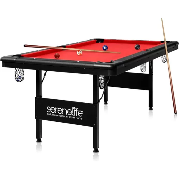 Portable 6 Ft. Pool Table - Compact Design with 18 Aiming Points, Low Friction Surface, Space Saving, Adjustable Feet, Locking Leg Safety, and Complete Accessory Kit - SereneLife SLPO730 , Red