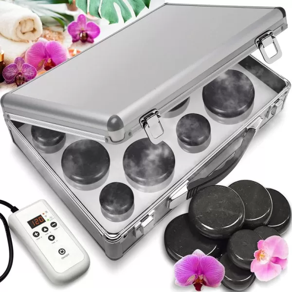 Portable Massage Stone Warmer Set - Electric Spa Hot Stones Massager and Heater Kit with 6 Large and 6 Small Round Shaped Basalt Massaging Rocks, Digital Controller Heating Bag, Pink