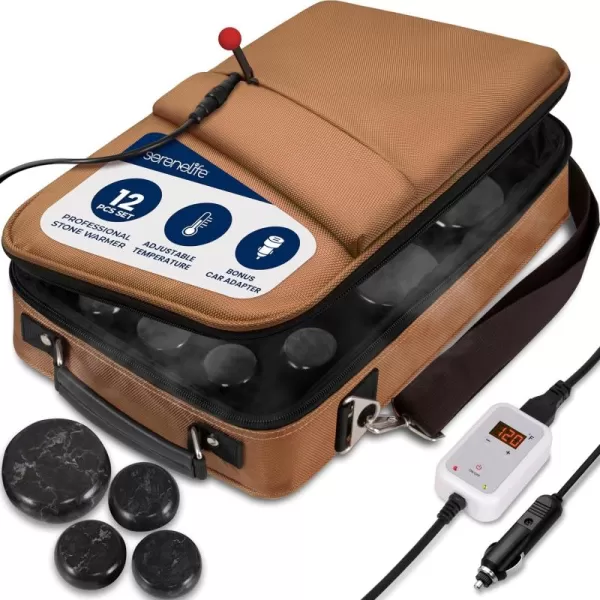 Portable Massage Stone Warmer Set - Electric Spa Hot Stones Massager and Heater Kit with 6 Large and 6 Small Round Shaped Basalt Massaging Rocks, Digital Controller Heating Bag, Pink