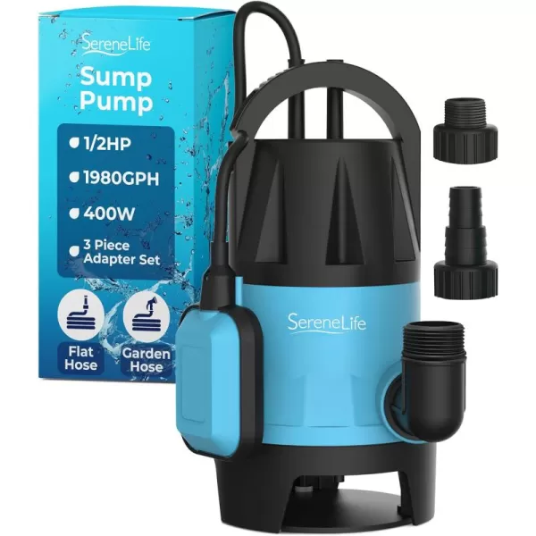 SereneLife 1HP Sump Pump Submersible, 3300GPH Water Pump for Pool Draining with Auto Float Switch, 3pc Adapter Set for USA Garden and Flat Hose, 16ft Cord, Clean Dirty Water, Yard, Pool, Tub, Pond