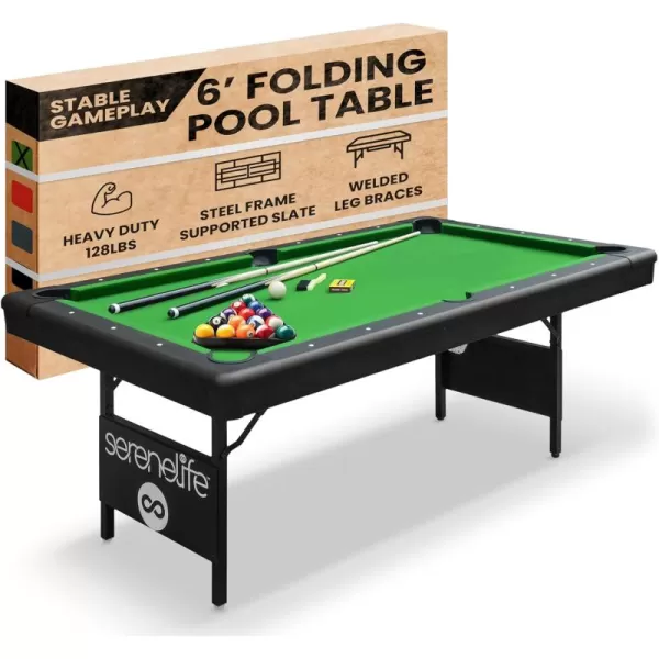 SereneLife 6-Ft Folding Pool Table - Best in Stability - Steel Frame, Fully Supported Slate, Welded Leg Supports with Safety Anti Collapse Locks, 128LB Heavy Duty Billiard Game and Accessory Set