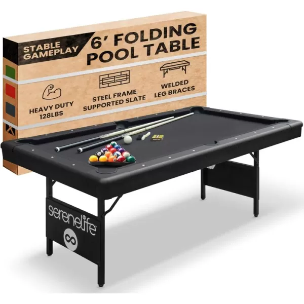 SereneLife 6-Ft Folding Pool Table - Best in Stability - Steel Frame, Fully Supported Slate, Welded Leg Supports with Safety Anti Collapse Locks, 128LB Heavy Duty Billiard Game and Accessory Set