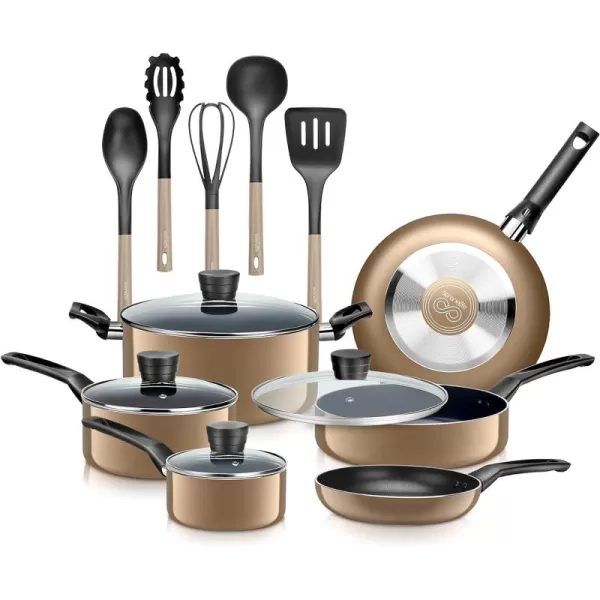 SereneLife Kitchenware Pots &amp; Pans Basic Kitchen Cookware, Black Non-Stick Coating Inside, Heat Resistant Lacquer , One Size, Gold