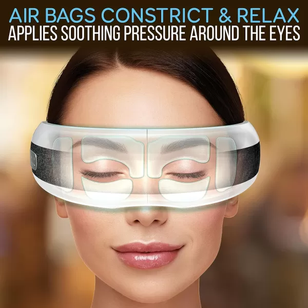 Eye Massager with Heat and Compression - Smart Eye Massager for Migraines and Stress Therapy - Wireless Heated Mask w/Music, Built-in Battery &amp; Adjustable Elastic Band - Vibration Massage Eye Relief