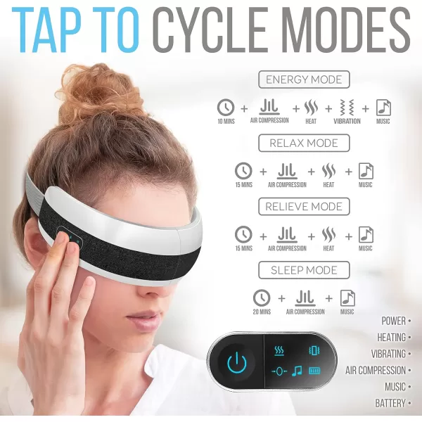 Eye Massager with Heat and Compression - Smart Eye Massager for Migraines and Stress Therapy - Wireless Heated Mask w/Music, Built-in Battery &amp; Adjustable Elastic Band - Vibration Massage Eye Relief