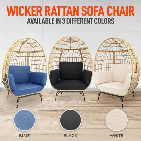 Jovial Wicker Rattan Egg Chair,Indoor Outdoor White Sofa Chair for Patio Backyard and Living Room with 4 Cushions and Powder Coated Steel Frame,Woven Texture Contemporary Ribbed Back Design