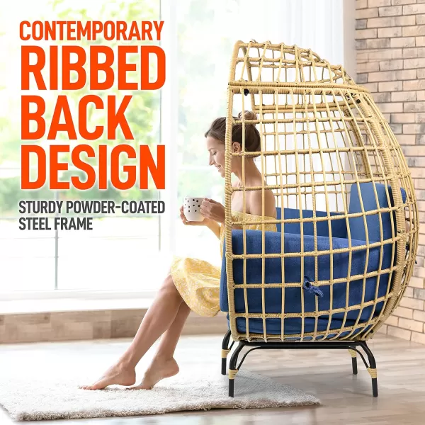 Jovial Wicker Rattan Egg Chair,Indoor Outdoor White Sofa Chair for Patio Backyard and Living Room with 4 Cushions and Powder Coated Steel Frame,Woven Texture Contemporary Ribbed Back Design