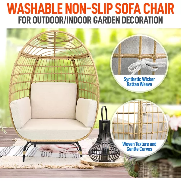 Jovial Wicker Rattan Egg Chair,Indoor Outdoor White Sofa Chair for Patio Backyard and Living Room with 4 Cushions and Powder Coated Steel Frame,Woven Texture Contemporary Ribbed Back Design