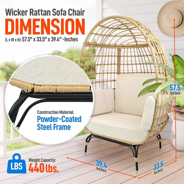 Jovial Wicker Rattan Egg Chair,Indoor Outdoor White Sofa Chair for Patio Backyard and Living Room with 4 Cushions and Powder Coated Steel Frame,Woven Texture Contemporary Ribbed Back Design