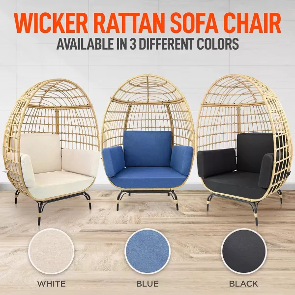 Jovial Wicker Rattan Egg Chair,Indoor Outdoor White Sofa Chair for Patio Backyard and Living Room with 4 Cushions and Powder Coated Steel Frame,Woven Texture Contemporary Ribbed Back Design