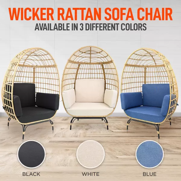 Jovial Wicker Rattan Egg Chair,Indoor Outdoor White Sofa Chair for Patio Backyard and Living Room with 4 Cushions and Powder Coated Steel Frame,Woven Texture Contemporary Ribbed Back Design