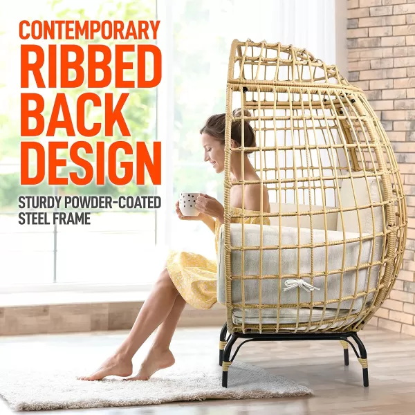 Jovial Wicker Rattan Egg Chair,Indoor Outdoor White Sofa Chair for Patio Backyard and Living Room with 4 Cushions and Powder Coated Steel Frame,Woven Texture Contemporary Ribbed Back Design