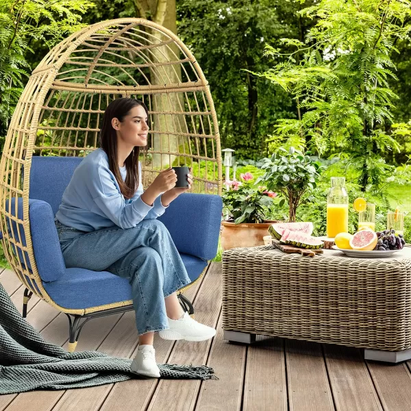 Jovial Wicker Rattan Egg Chair,Indoor Outdoor White Sofa Chair for Patio Backyard and Living Room with 4 Cushions and Powder Coated Steel Frame,Woven Texture Contemporary Ribbed Back Design