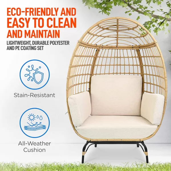 Jovial Wicker Rattan Egg Chair,Indoor Outdoor White Sofa Chair for Patio Backyard and Living Room with 4 Cushions and Powder Coated Steel Frame,Woven Texture Contemporary Ribbed Back Design