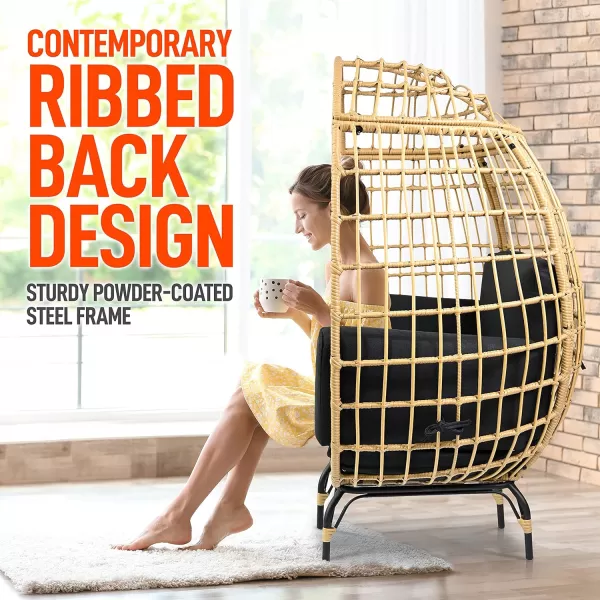 Jovial Wicker Rattan Egg Chair,Indoor Outdoor White Sofa Chair for Patio Backyard and Living Room with 4 Cushions and Powder Coated Steel Frame,Woven Texture Contemporary Ribbed Back Design