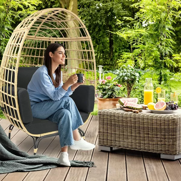 Jovial Wicker Rattan Egg Chair,Indoor Outdoor White Sofa Chair for Patio Backyard and Living Room with 4 Cushions and Powder Coated Steel Frame,Woven Texture Contemporary Ribbed Back Design