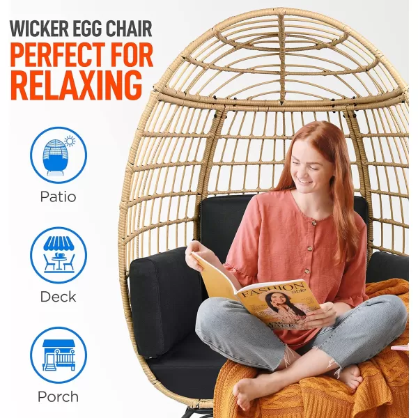 Jovial Wicker Rattan Egg Chair,Indoor Outdoor White Sofa Chair for Patio Backyard and Living Room with 4 Cushions and Powder Coated Steel Frame,Woven Texture Contemporary Ribbed Back Design