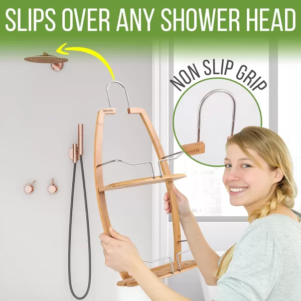SereneLife Bamboo Hanging Shower Caddy - 2 Tier Wood Water Resistant and Natural Bamboo Bathroom Wall Organizer with Stainless Steel Shelf Rack for Shampoo, Conditioner and Soap Storage