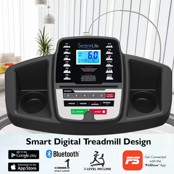 SereneLife Folding Treadmill - Foldable Home Fitness Equipment with LCD for Walking &amp; Running - Cardio Exercise Machine - Preset and Adjustable Programs - Bluetooth Connectivity