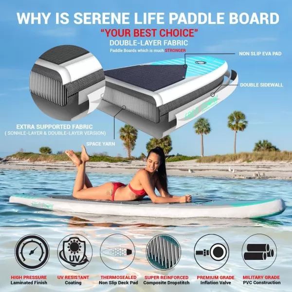 SereneLife Inflatable Stand Up Paddle Board  with Premium SUP Accessories &amp; Carry Bag | Wide Stance, Bottom Fin for Paddling, Surf Control, Non-Slip Deck | Youth &amp; Adult Standing Boat