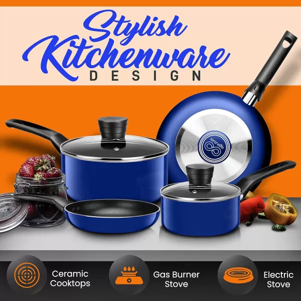 SereneLife Kitchenware Pots &amp; Pans Basic Kitchen Cookware, Black Non-Stick Coating Inside, Heat Resistant Lacquer , One Size, Blue