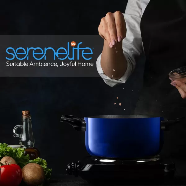 SereneLife Kitchenware Pots &amp; Pans Basic Kitchen Cookware, Black Non-Stick Coating Inside, Heat Resistant Lacquer , One Size, Blue