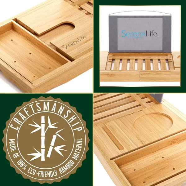 SereneLife Luxury Bamboo Bathtub Caddy Tray - Adjustable Natural Wood Bath Tub Organizer with Wine Holder, Cup Placement, Soap Dish, Book Space &amp; Phone Slot for Spa, Bathroom &amp; Shower - SLBCAD20