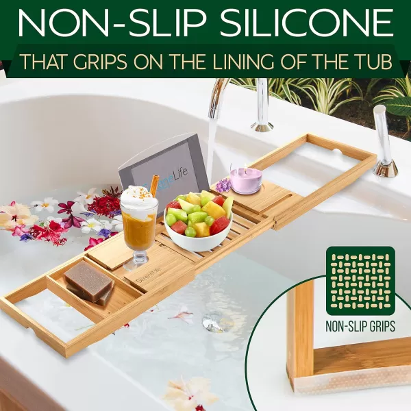 SereneLife Luxury Bamboo Bathtub Caddy Tray - Adjustable Natural Wood Bath Tub Organizer with Wine Holder, Cup Placement, Soap Dish, Book Space &amp; Phone Slot for Spa, Bathroom &amp; Shower - SLBCAD20