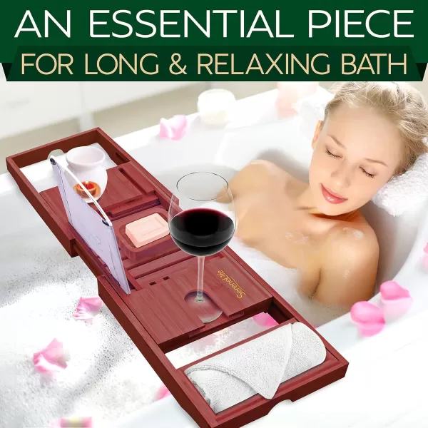 SereneLife Luxury Bamboo Bathtub Caddy Tray - Adjustable Natural Wood Bath Tub Organizer with Wine Holder, Cup Placement, Soap Dish, Book Space &amp; Phone Slot for Spa, Bathroom &amp; Shower - SLBCAD20
