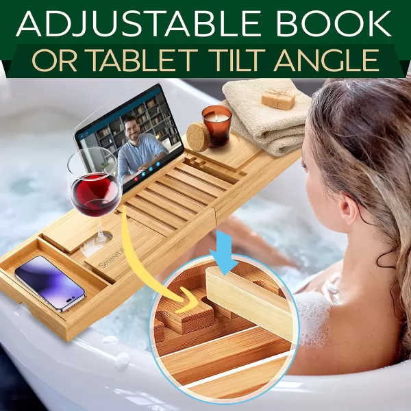 SereneLife Luxury Bamboo Bathtub Caddy Tray - Adjustable Natural Wood Bath Tub Organizer with Wine Holder, Cup Placement, Soap Dish, Book Space &amp; Phone Slot for Spa, Bathroom &amp; Shower - SLBCAD20