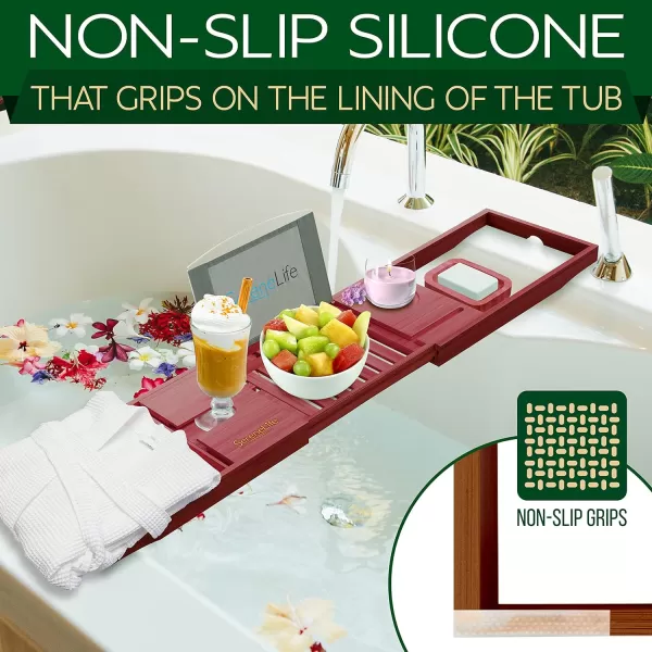 SereneLife Luxury Bamboo Bathtub Caddy Tray - Adjustable Natural Wood Bath Tub Organizer with Wine Holder, Cup Placement, Soap Dish, Book Space &amp; Phone Slot for Spa, Bathroom &amp; Shower - SLBCAD20