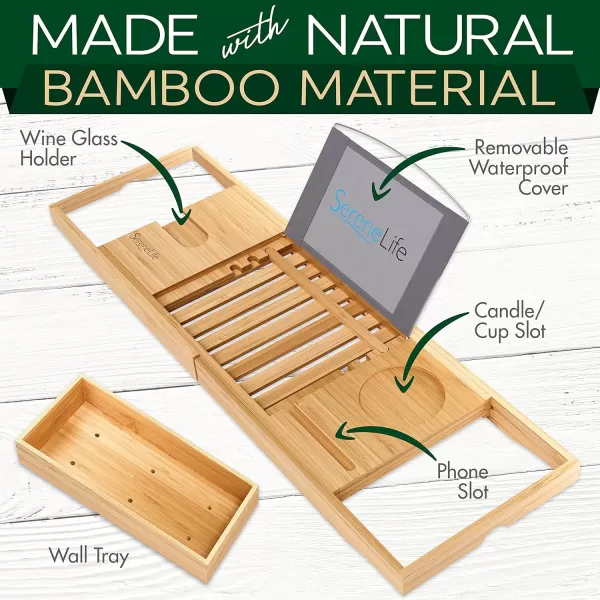 SereneLife Luxury Bamboo Bathtub Caddy Tray - Adjustable Natural Wood Bath Tub Organizer with Wine Holder, Cup Placement, Soap Dish, Book Space &amp; Phone Slot for Spa, Bathroom &amp; Shower - SLBCAD20