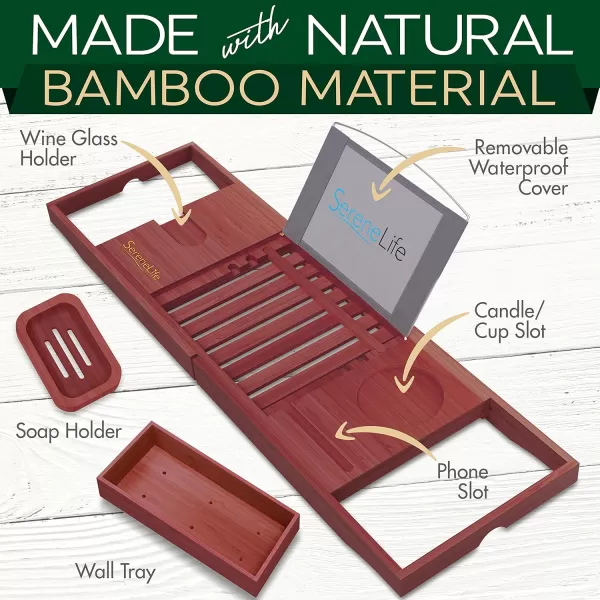 SereneLife Luxury Bamboo Bathtub Caddy Tray - Adjustable Natural Wood Bath Tub Organizer with Wine Holder, Cup Placement, Soap Dish, Book Space &amp; Phone Slot for Spa, Bathroom &amp; Shower - SLBCAD20