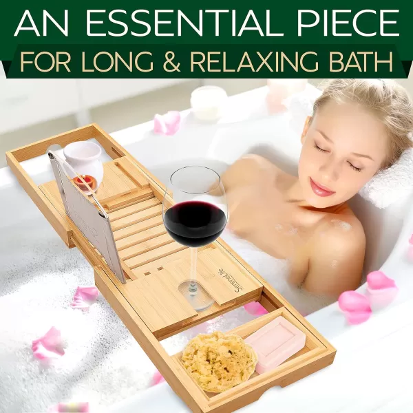 SereneLife Luxury Bamboo Bathtub Caddy Tray - Adjustable Natural Wood Bath Tub Organizer with Wine Holder, Cup Placement, Soap Dish, Book Space &amp; Phone Slot for Spa, Bathroom &amp; Shower - SLBCAD20
