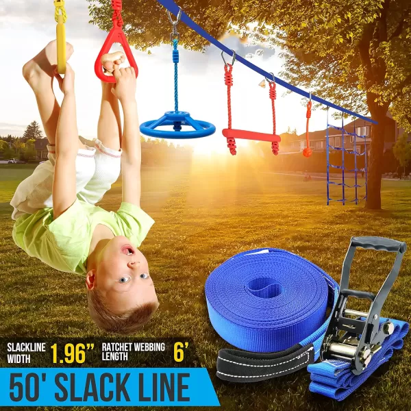 SereneLife Ninja Obstacle Course Slack Line 50ft Slackline with 18 Jungle Gym Tree Climbing Attachments Outdoor Play Equipment Set, Rope Ladder &amp; Accessories, Assorted Color