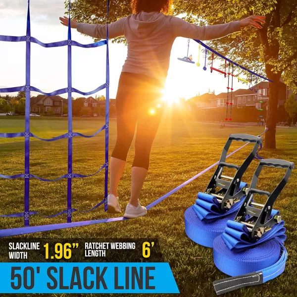 SereneLife Ninja Obstacle Course Slack Line 50ft Slackline with 18 Jungle Gym Tree Climbing Attachments Outdoor Play Equipment Set, Rope Ladder &amp; Accessories, Assorted Color