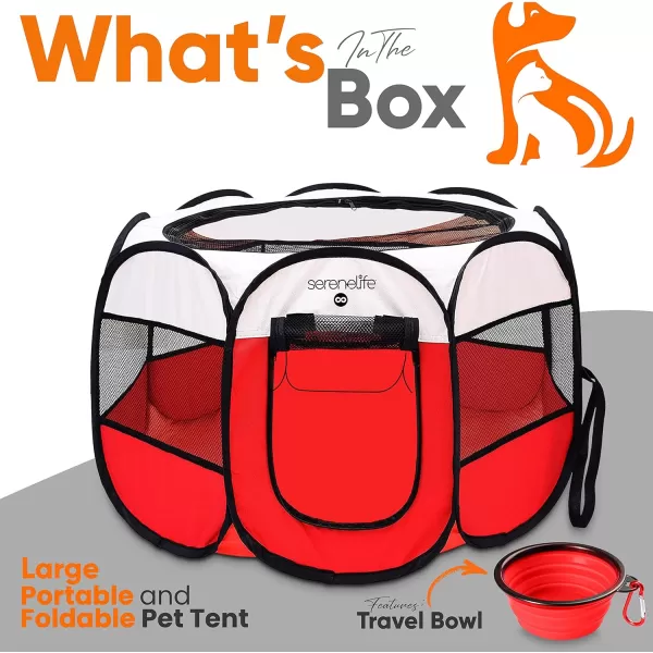 SereneLife On-The-Go Foldable Portable Pet Tent 8-Panel Playpen for Dog &amp; Cat w/Food/Water Bowl, Mesh Exercise Puppy Playground, Pet House Indoor &amp; Outdoor, Travel &amp; Camping Pet Kennel 
