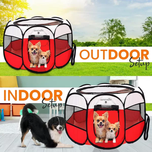 SereneLife On-The-Go Foldable Portable Pet Tent 8-Panel Playpen for Dog &amp; Cat w/Food/Water Bowl, Mesh Exercise Puppy Playground, Pet House Indoor &amp; Outdoor, Travel &amp; Camping Pet Kennel 