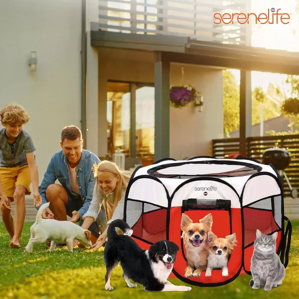 SereneLife On-The-Go Foldable Portable Pet Tent 8-Panel Playpen for Dog &amp; Cat w/Food/Water Bowl, Mesh Exercise Puppy Playground, Pet House Indoor &amp; Outdoor, Travel &amp; Camping Pet Kennel 