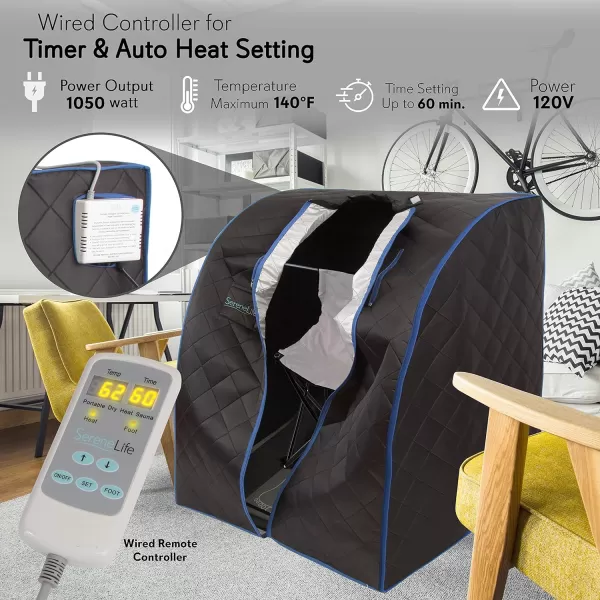 SereneLife Oversize Portable Infrared Home Spa | One Person Sauna | with Heating Foot Pad &amp; Portable Chair, SLISAU20BK, Black