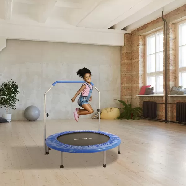 SereneLife Portable &amp; Foldable Trampoline - 40" in-Home Mini Rebounder with Adjustable Handrail, Fitness Body Exercise - SLSPT409, Blue