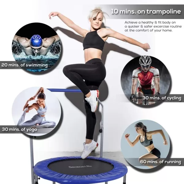 SereneLife Portable &amp; Foldable Trampoline - 40" in-Home Mini Rebounder with Adjustable Handrail, Fitness Body Exercise - SLSPT409, Blue