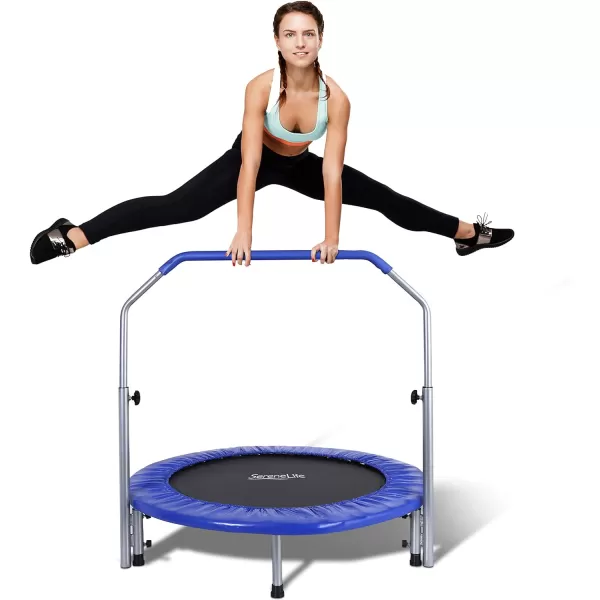 SereneLife Portable &amp; Foldable Trampoline - 40" in-Home Mini Rebounder with Adjustable Handrail, Fitness Body Exercise - SLSPT409, Blue