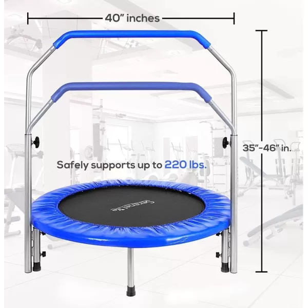 SereneLife Portable &amp; Foldable Trampoline - 40" in-Home Mini Rebounder with Adjustable Handrail, Fitness Body Exercise - SLSPT409, Blue