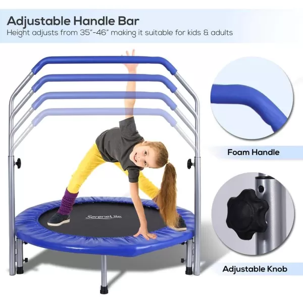 SereneLife Portable &amp; Foldable Trampoline - 40" in-Home Mini Rebounder with Adjustable Handrail, Fitness Body Exercise - SLSPT409, Blue