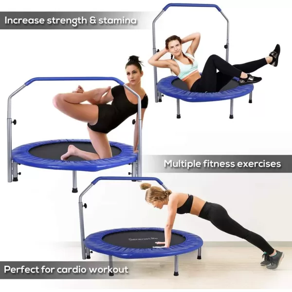 SereneLife Portable &amp; Foldable Trampoline - 40" in-Home Mini Rebounder with Adjustable Handrail, Fitness Body Exercise - SLSPT409, Blue