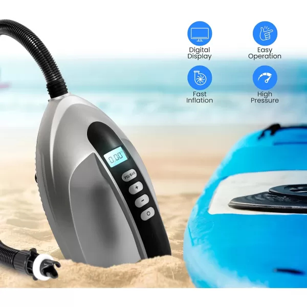 SereneLife Premium Compact Digital Air Pump Compressor with Preset PSI Auto Shut Off for Inflating SUP Paddle Boards, Boats, Rafts, Pool Toys, Water Sports 12V DC Car Connection 