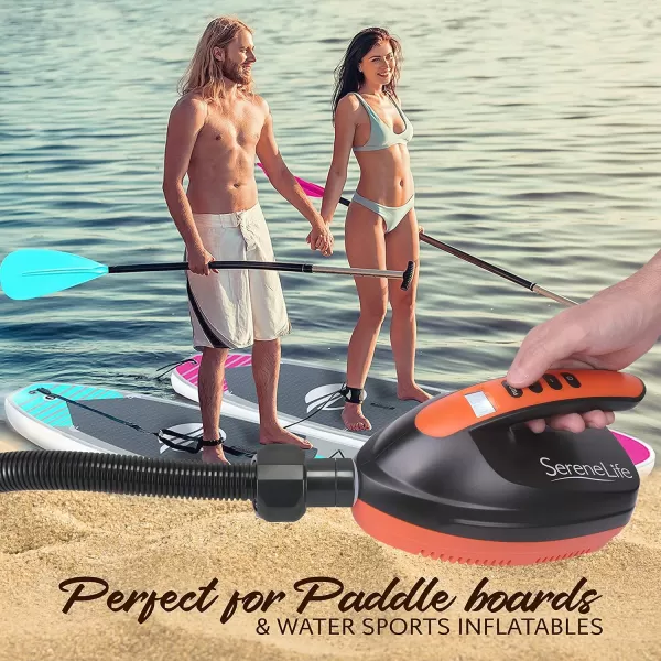 SereneLife Premium Compact Digital Air Pump Compressor with Preset PSI Auto Shut Off for Inflating SUP Paddle Boards, Boats, Rafts, Pool Toys, Water Sports 12V DC Car Connection 