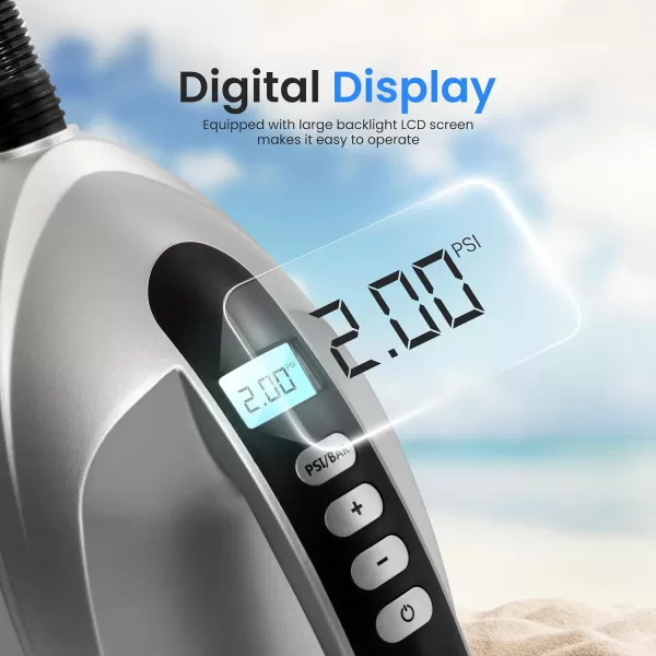 SereneLife Premium Compact Digital Air Pump Compressor with Preset PSI Auto Shut Off for Inflating SUP Paddle Boards, Boats, Rafts, Pool Toys, Water Sports 12V DC Car Connection 